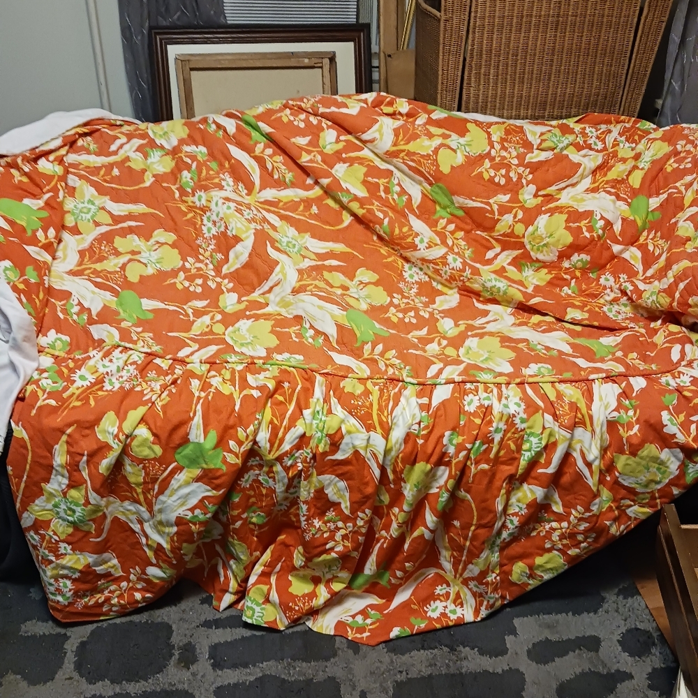 Bedskirt Twin Size  and Pillow Shame Orange Flowers Big Print